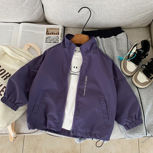 男童春秋款外套2026新款儿童时髦帅气秋装夹克男孩宝宝紫色冲锋衣