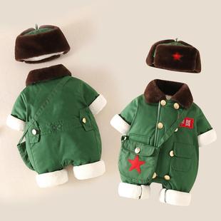 婴儿军大衣棉服新生儿衣服冬装婴幼儿冬季加绒加厚连体衣宝宝哈衣
