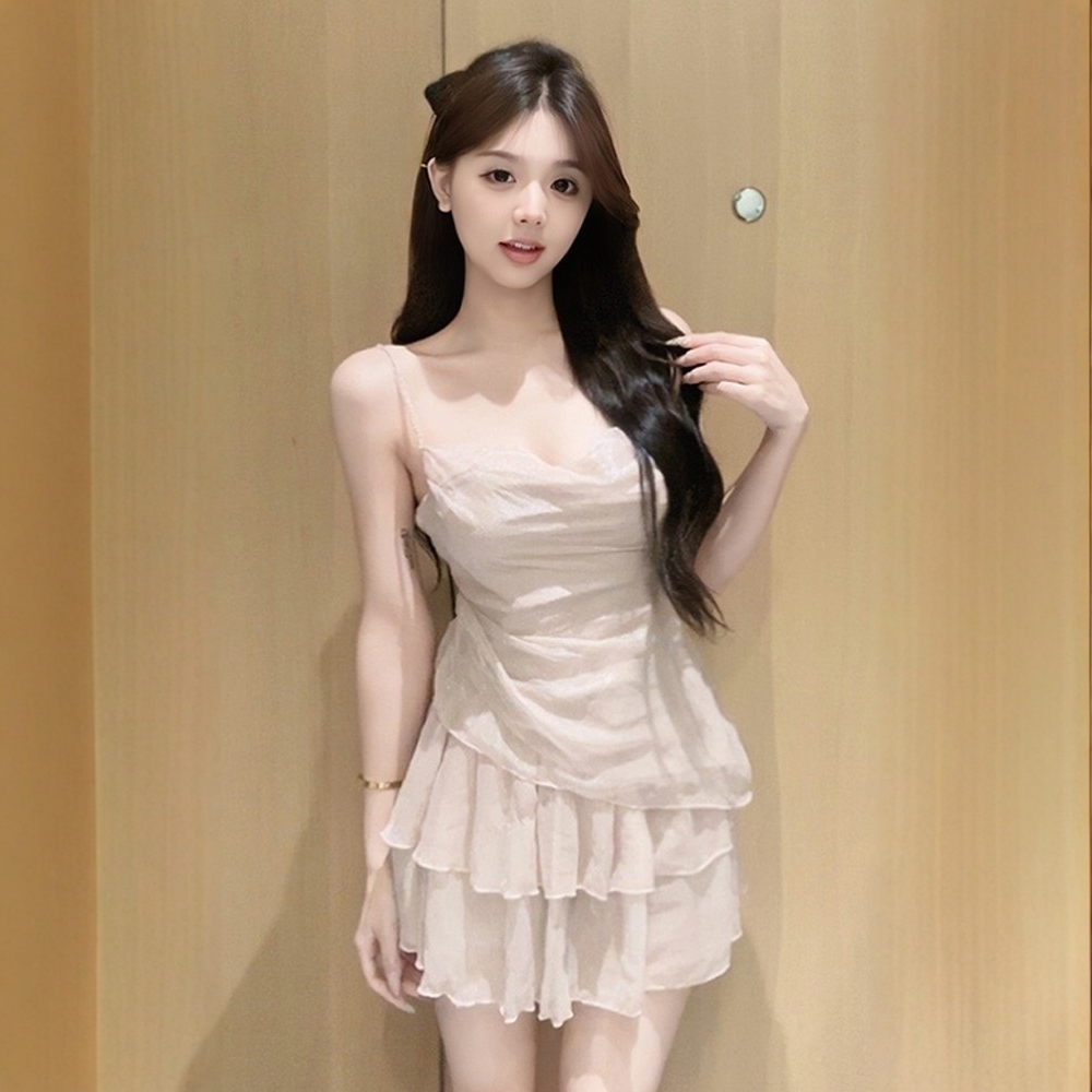 纯欲甜辣套装裙女夏辣妹性感细闪纱网吊带上衣高腰蛋糕短裙两件套
