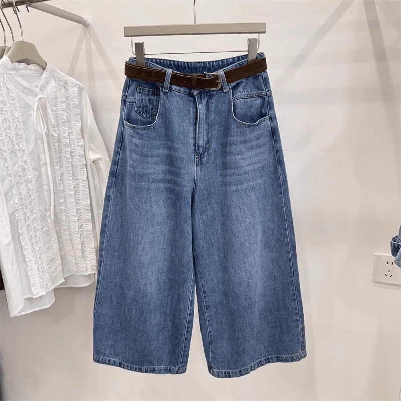 2025夏季新款大码显瘦复古八分阔腿牛仔裤女胖mm宽松小个子直筒裤