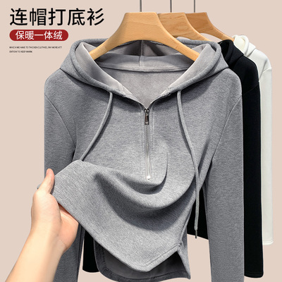灰色连帽打底衫女春秋内搭短款上衣2025新款爆休闲半拉链修身卫衣