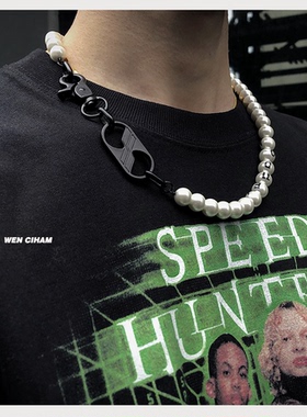 现货WE11DONE 20AW珍珠黑色字母金属涂漆扣项链手链男女情侣ins潮