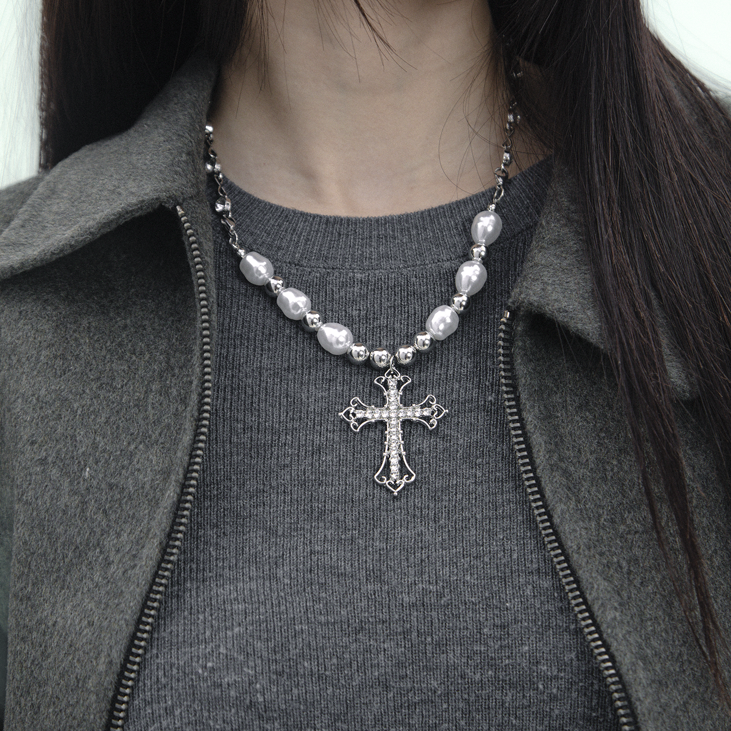 WCH满钻珍珠十字架吊坠毛衣链