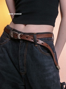 新款 复古真皮牛皮可调节花孔眼橄榄绿棕色黑色皮带腰带男女ins潮