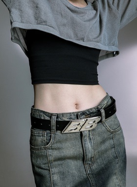 23SS双B字母金属扣皮带黑色复古腰带配饰百搭男女同款vibe风潮流