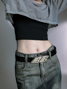 23SS双B字母金属扣皮带黑色复古腰带配饰百搭男女同款 vibe风潮流