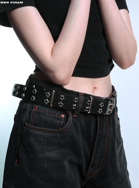 经典复古朋克风暗黑小众街头潮流双圆孔黑色皮质腰带男女情侣ins