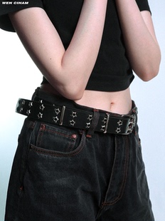 经典 复古朋克风暗黑小众街头潮流双圆孔黑色皮质腰带男女情侣ins