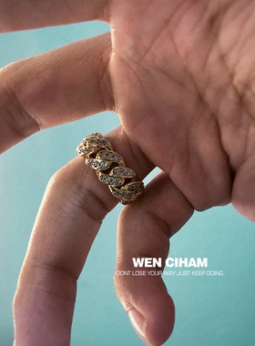 WEN CIHAM迷你古巴链满钻镶钻锆石金色银色电镀西海岸嘻哈戒指男