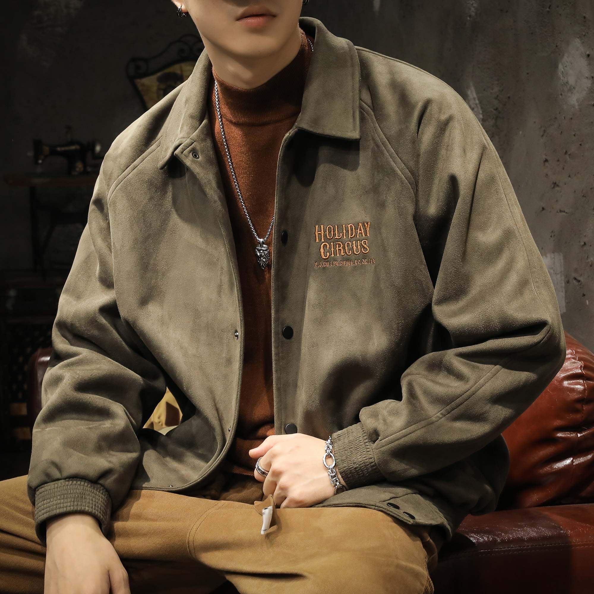 美式重磅空气层秋冬款工装夹克外套男士宽松春季鹿皮绒翻领棒球服