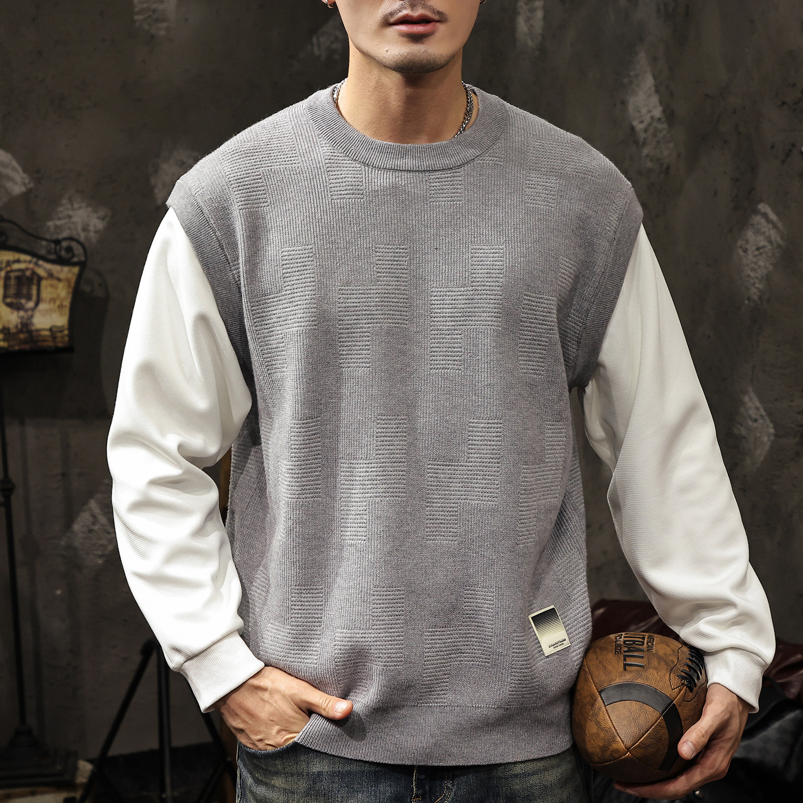 假两件秋冬季针织衫男2025新款圆领套头毛衣男装内搭打底衫上衣服