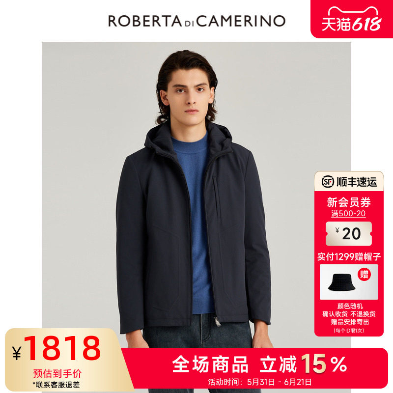 [兔毛皮内胆]ROBERTA诺贝达男装男士皮衣冬季连帽鹅绒羽绒服