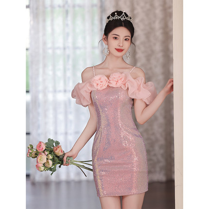 粉色吊带小晚礼服女名媛生日聚会宴会短款包臀连衣裙性感轻奢气质
