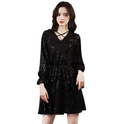 宴会名媛亮片黑色短款小晚礼服