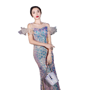 宴会晚礼服女气质轻奢小众高端亮片公司年会主持人修身鱼尾连衣裙