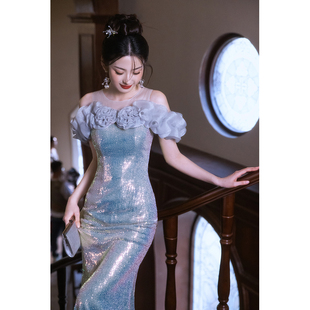 一字肩晚礼服裙女宴会小众高端轻奢年会主持人高级感气质闪亮鱼尾