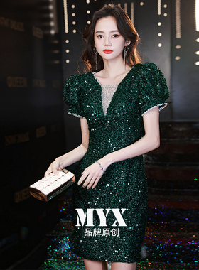 法式小洋装晚礼服女气质名媛高端墨绿色短款亮片轻奢小礼服高级感