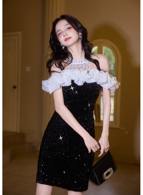 宴会短款黑色小晚礼服裙女挂脖气质名媛生日聚会性感主持亮片轻奢