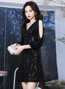 黑色小晚礼服女2026新款生日宴会高档气质名媛轻奢亮片高端连衣裙