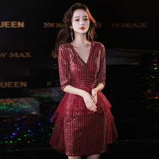 红色洋装小晚礼服裙女2024新款秋冬季短款高级法式气质新娘敬酒服