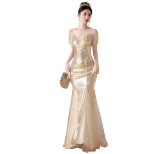 高贵晚礼服裙女宴会气质鱼尾裙名媛高端轻奢金色闪亮主持人高级感