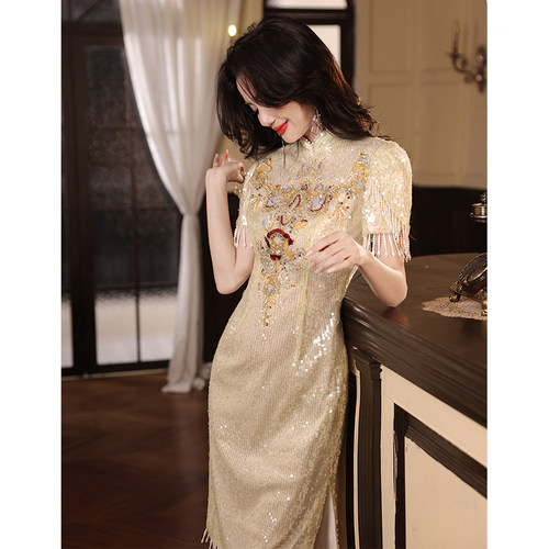 慕樱秀新中式旗袍小个子亮片礼服