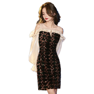小洋装短款晚礼服女2025新款气质名媛年会性感高级亮片宴会连衣裙
