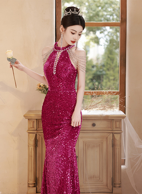 鱼尾晚礼服裙女亮片宴会高端轻奢肩流苏时尚亮闪闪订婚气质高级感