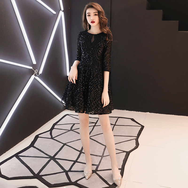 宴会小晚礼服女2025新款名媛高贵短款气质黑色亮片洋装主持连衣裙