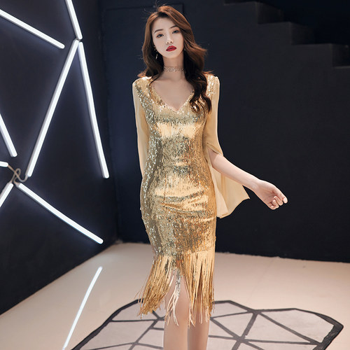 新款高贵金色气场女王小晚礼服