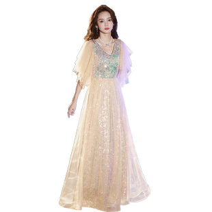 亮片晚礼服女气质高端声乐艺考奢华大牌金色宴会年会连衣裙高级感