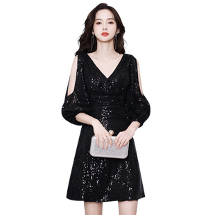 黑色小晚礼服女2025新款生日宴会高档气质名媛轻奢亮片高端连衣裙