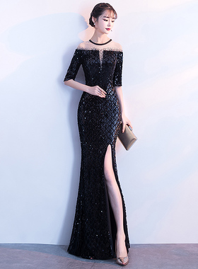晚礼服女气场女王宴会高贵气质轻奢长款性感鱼尾黑色晚宴连衣裙