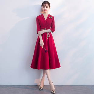敬酒服新娘小个子2026新款冬季红色中长款修身结婚宴会晚礼服裙女