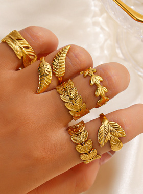 跨境流行不锈钢树叶戒指 法式复古开口可调节18K镀金钛钢叶子指环