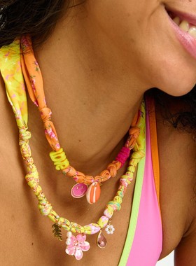 欧美海滩系列项链海洋生物彩色花朵贝壳吊坠丝巾布条项链镀金