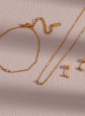 欧美ins时尚简约手饰耳饰成套饰品 不锈钢镀18K微镶马眼吊坠项链