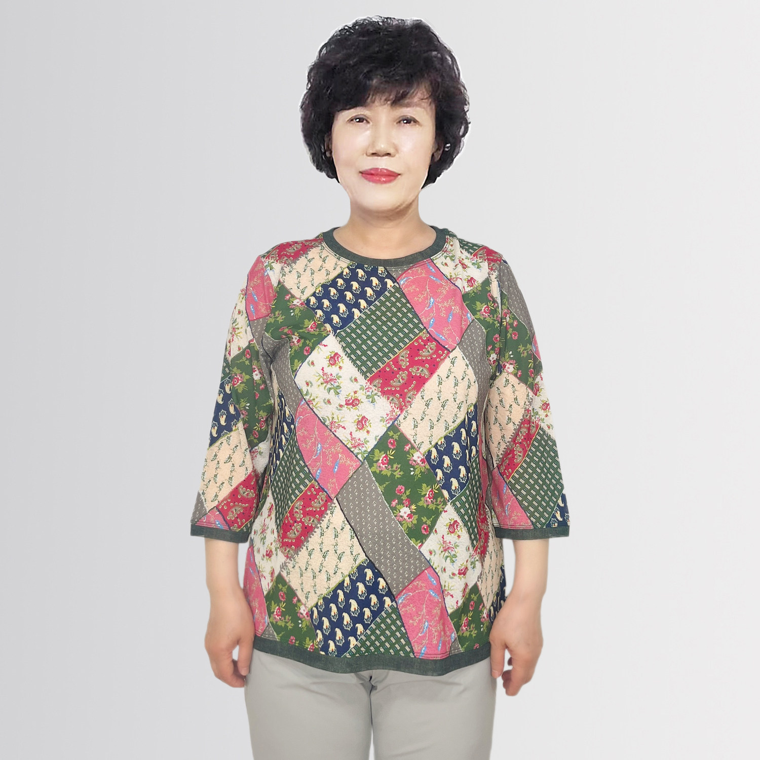 中老年宽松圆领七分袖T恤2026夏季新款韩国代购印花网眼妈妈小衫
