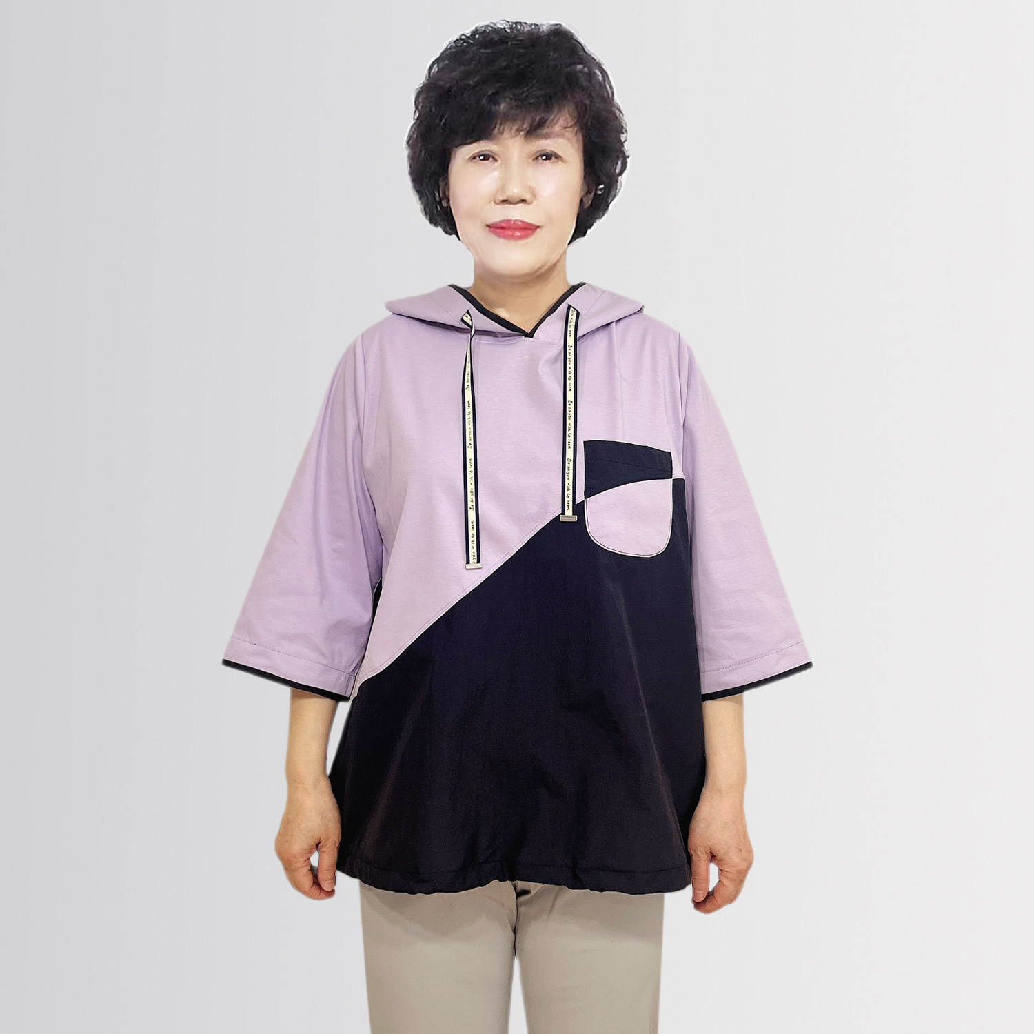中老年连帽宽松七分袖T恤2026春夏新款韩国代购洋气拼色妈妈上衣
