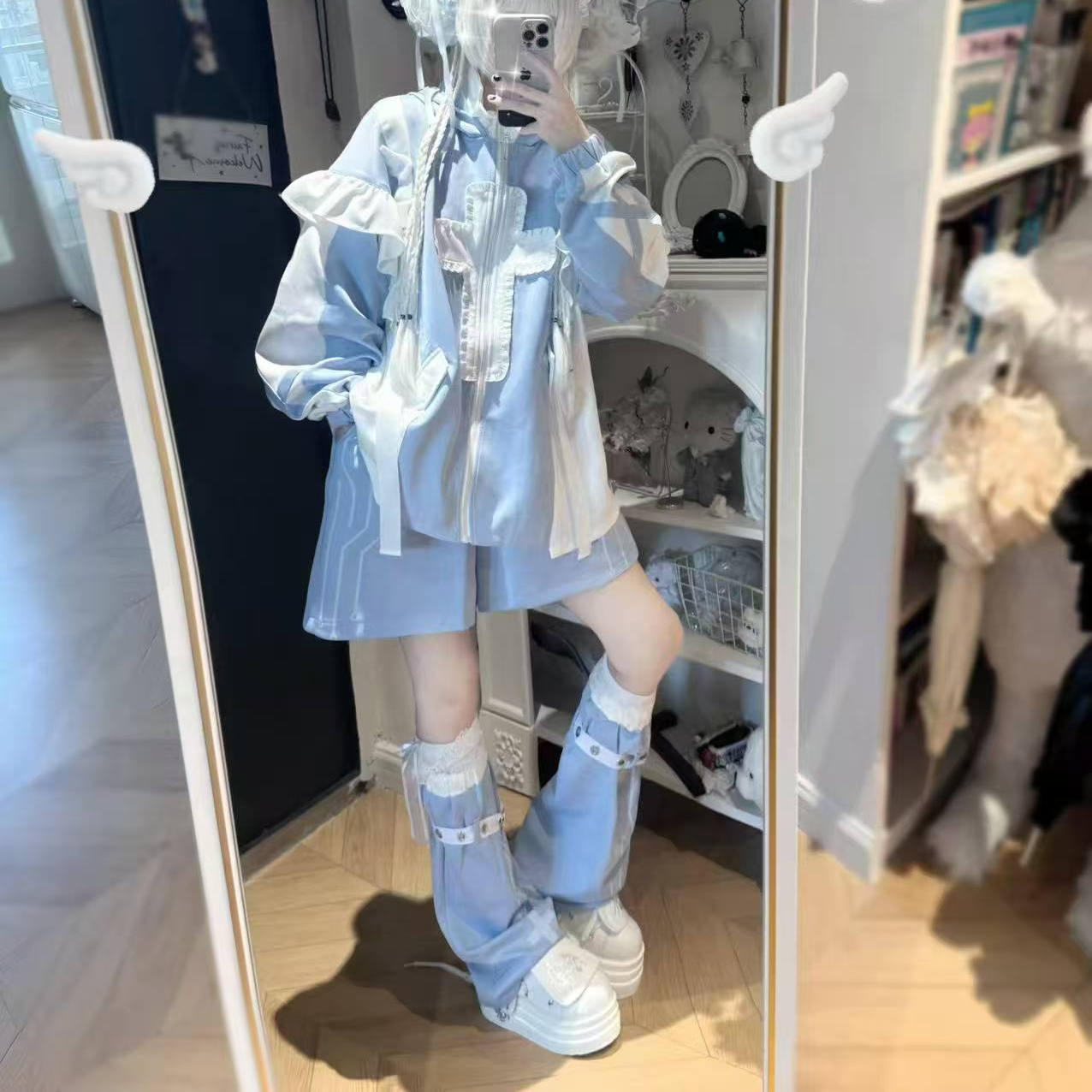 日系猫耳连帽亚文化水色系统十字星宽松外套女款春										