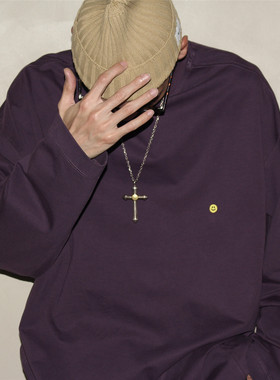 GcBrand Lab 基础款 美式复古潮流宽松男女情侣装笑脸徽章长袖T恤