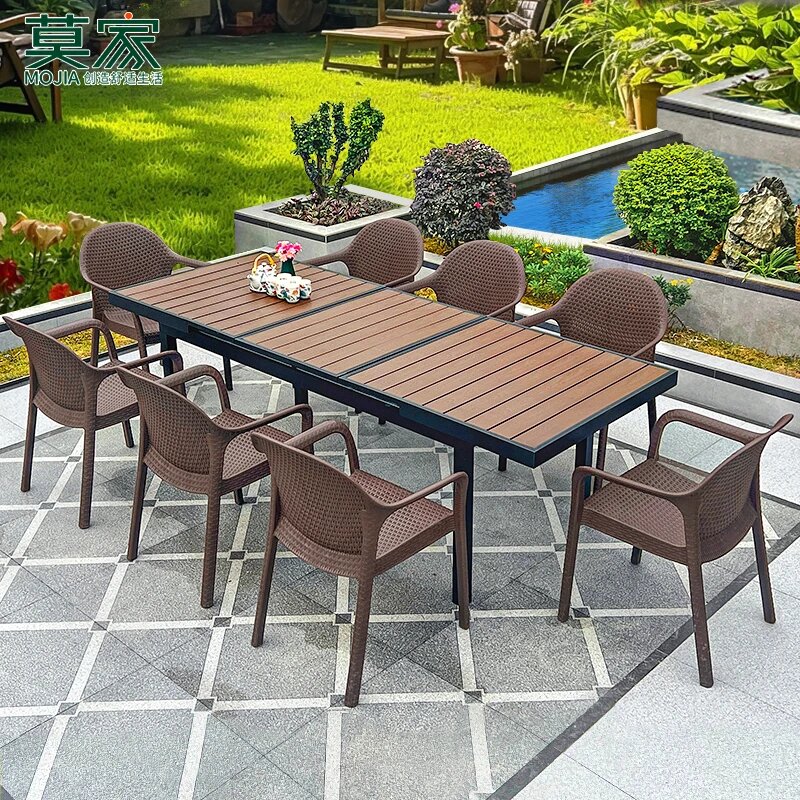 莫家户外桌椅庭院别墅花园铝合金伸缩桌商用露台防晒防水桌椅组合