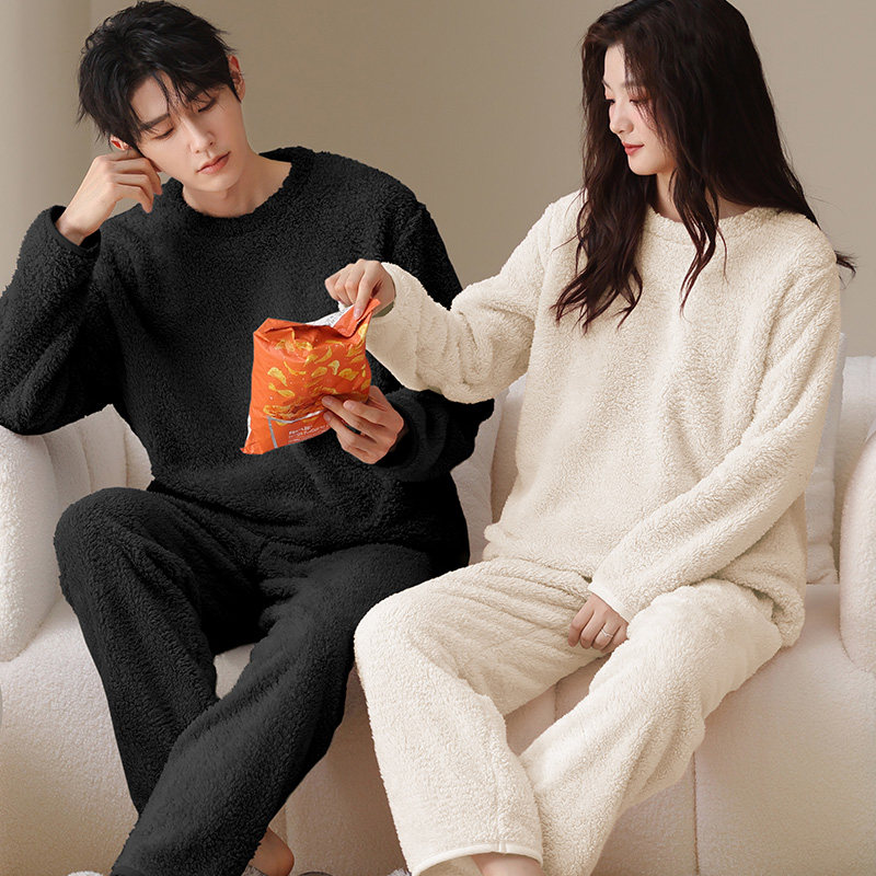 珊瑚绒情侣睡衣男纯色套头女士休闲冬季法兰绒加厚保暖家居服套装