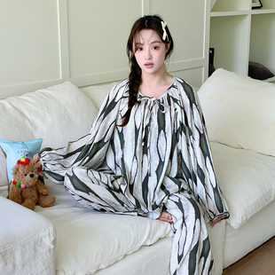 春秋季云朵棉长袖长裤睡衣女士甜美条纹简约时尚加大码家居服套装