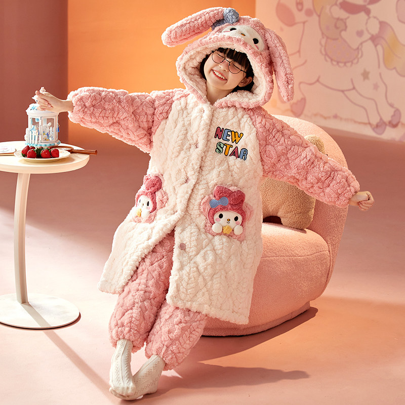 冬季连帽珊瑚绒长袍三层夹棉睡衣女童美乐蒂甜美保暖家居服两件套,童装/婴儿装/亲子装,家居服套装,淘宝优惠券,粉丝福利购,淘宝优惠卷