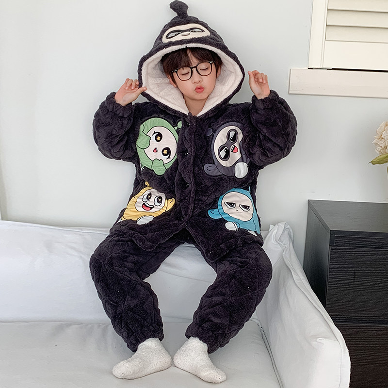 冬季男童珊瑚绒三层夹棉睡衣套装连帽时尚蛋仔加厚保暖亲子家居服