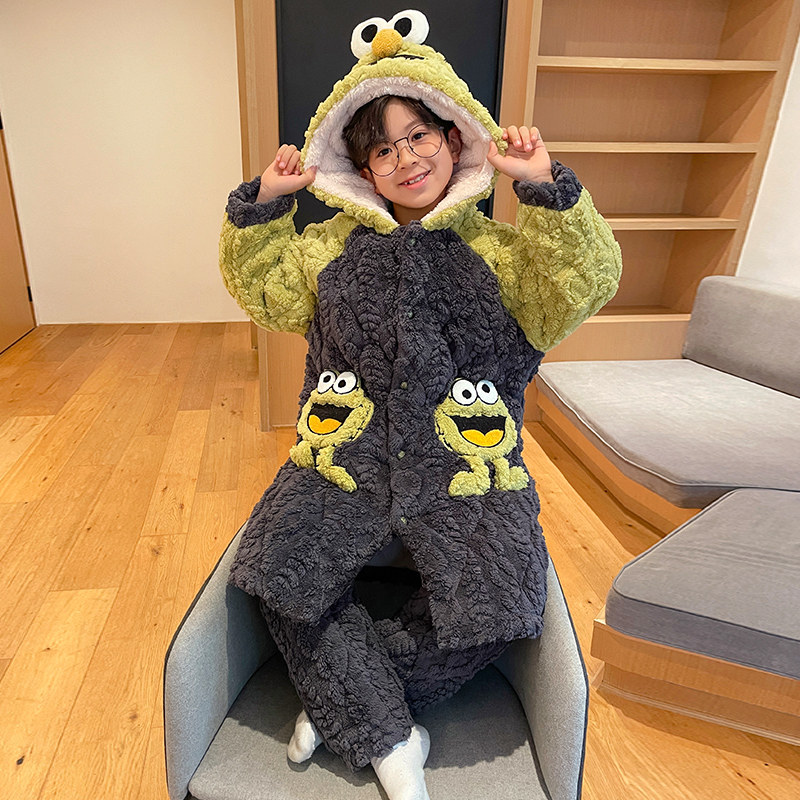 冬季男童三层夹棉珊瑚绒长款睡袍套装保暖卡通可爱连帽父子家居服