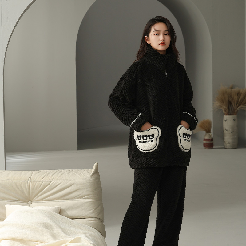 拉链珊瑚绒开衫睡衣女士秋冬季加厚加绒保暖时尚软绵绵家居服套装