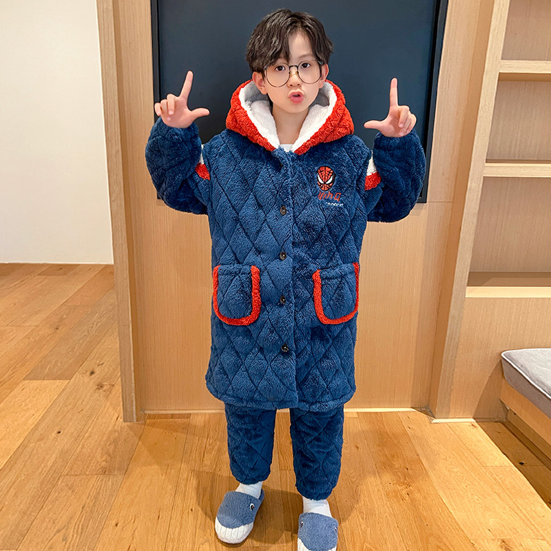 冬季睡衣男童三层夹棉珊瑚绒加厚保暖卡通连帽长款睡袍家居服套装