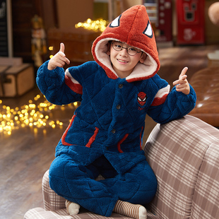 冬季男大童珊瑚绒三层夹棉睡衣套装连帽蜘蛛侠加厚保暖亲子家居服